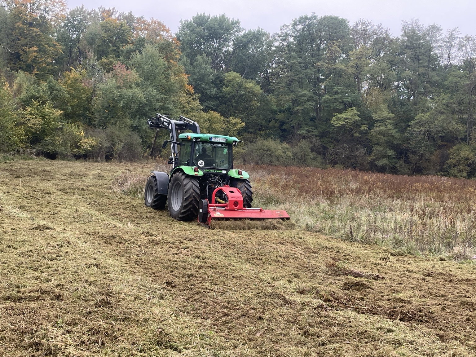 Traktor mit rotem Mulcher beim Bearbeiten einer bewachsenen Grünfläche