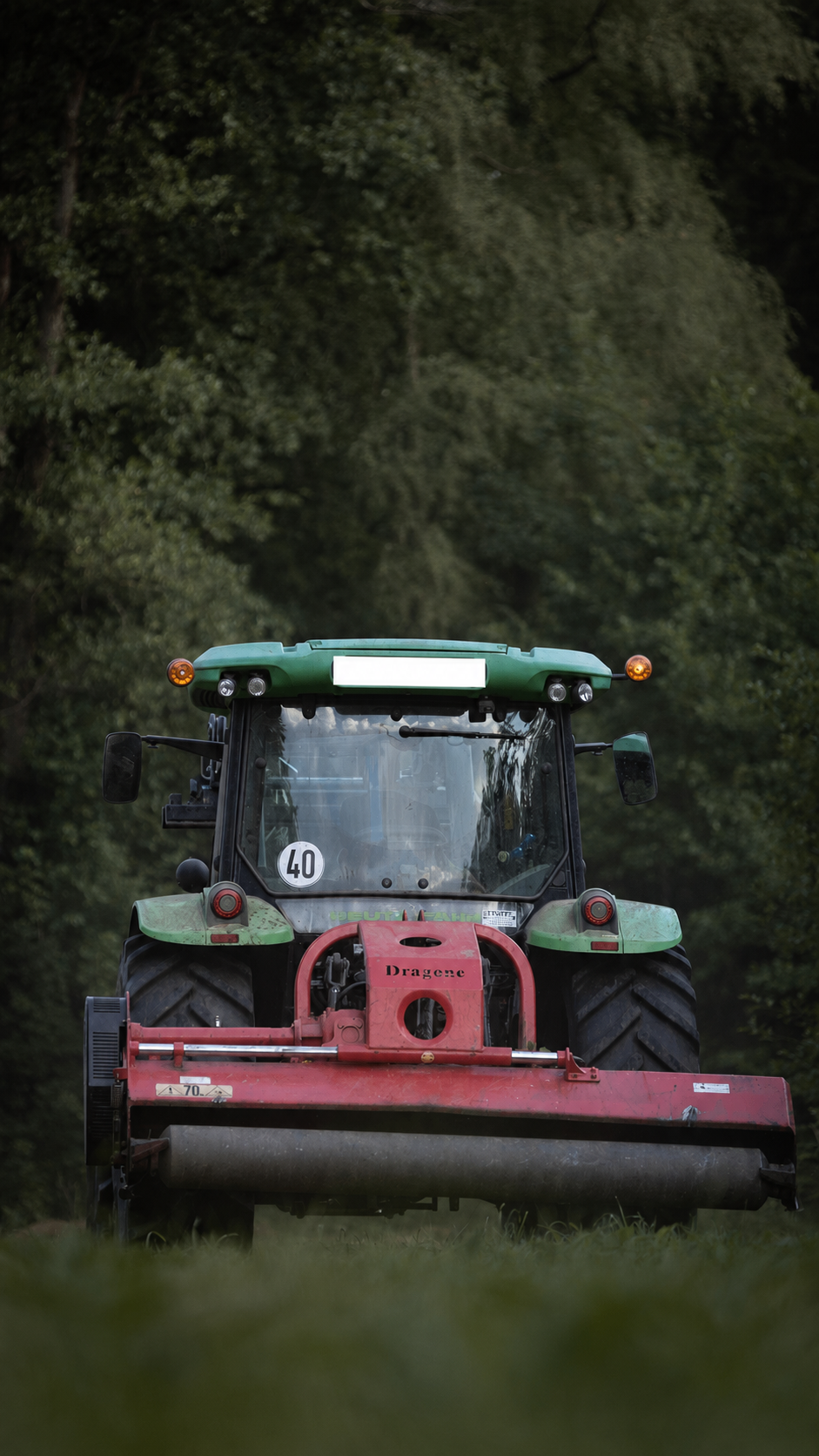 Traktor mit rotem Dragone-Mulcher vor dem Wald